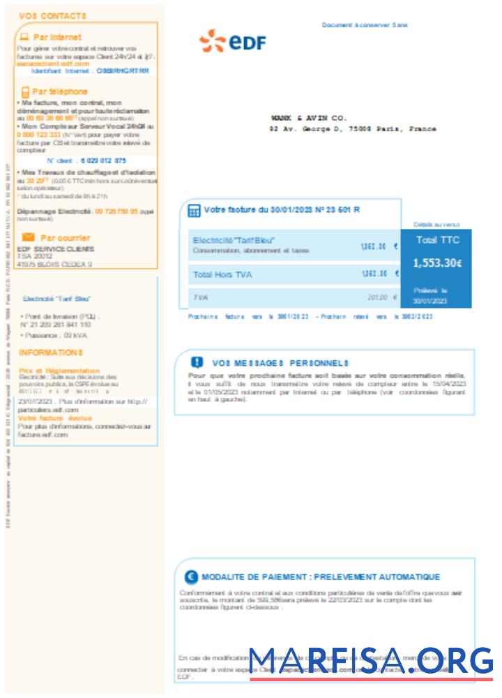 Downloadable EDF France Electricity utility business bill SCR example